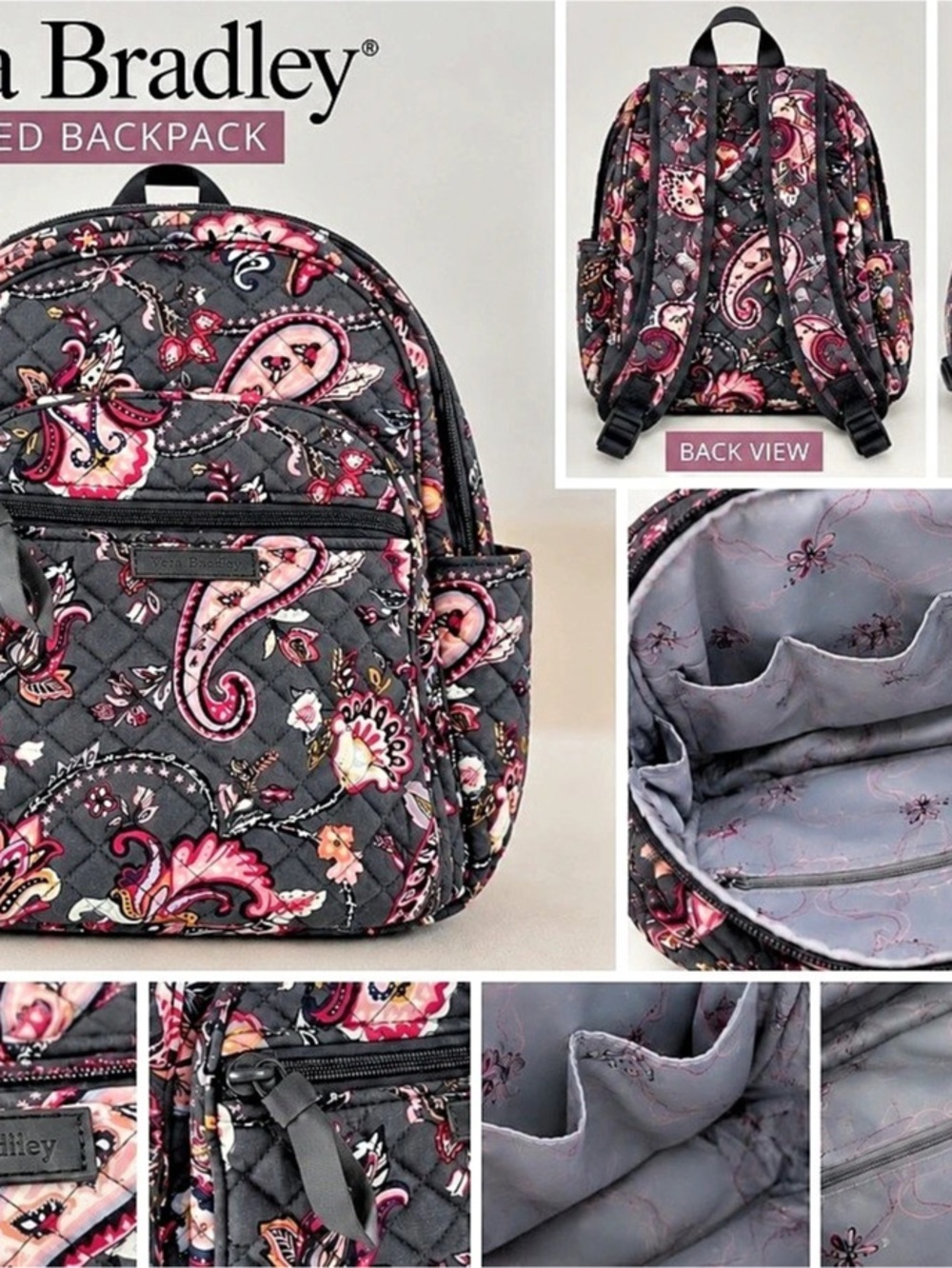 Vera Bradley Quilted Backpack – Gray/Pink Paisley Floral